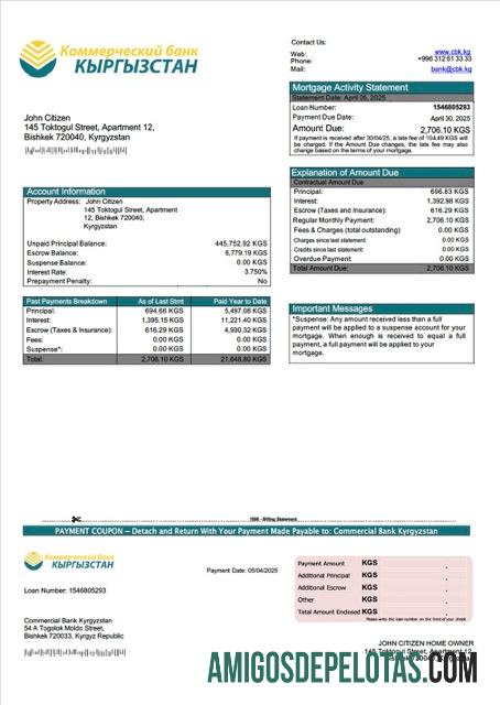 imprimível Banco Comercial do Quirguistão Modelo Word e PDF de declaração de hipoteca do Quirguistão